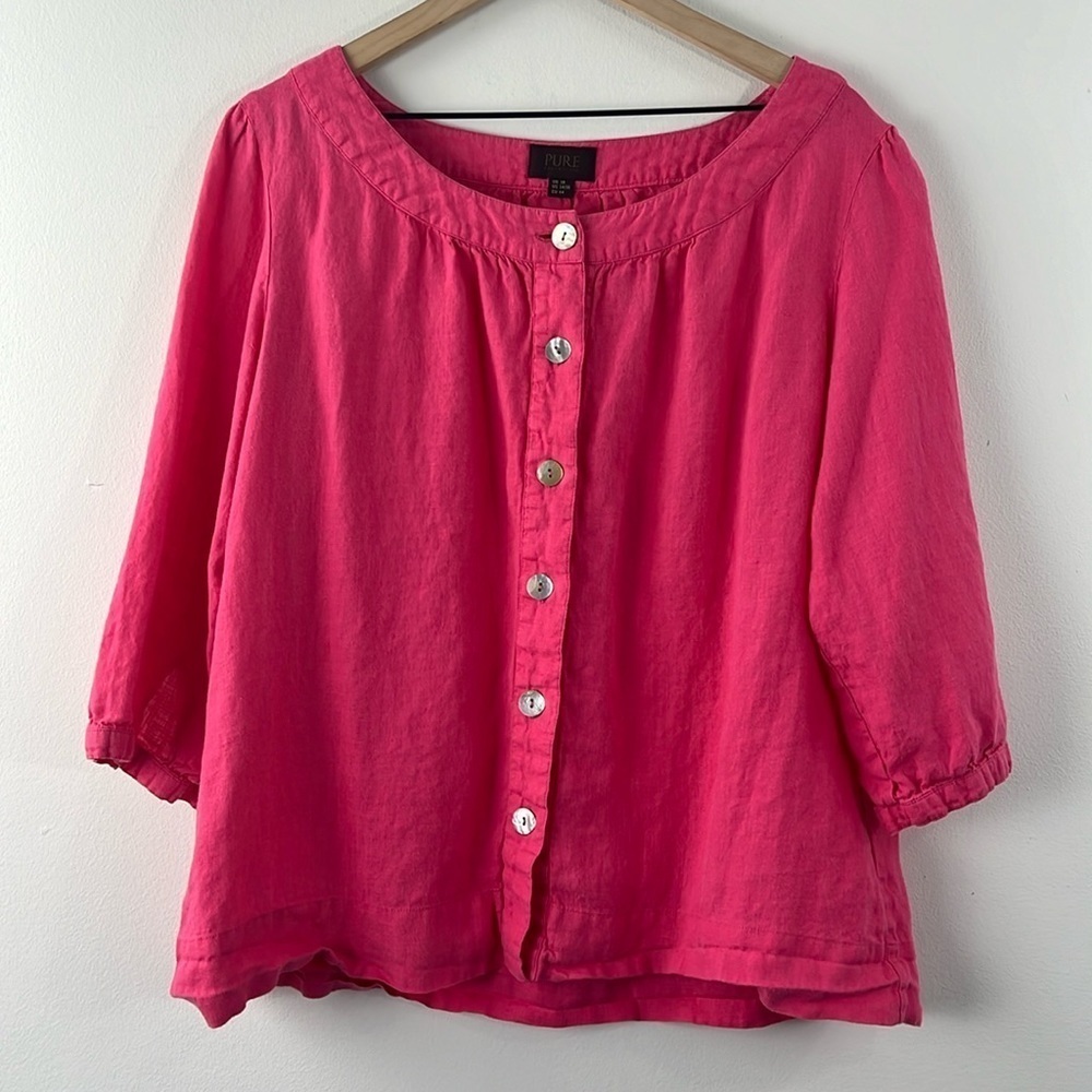 Pure Collection Pink 100% Linen Mother of Pearl Button 3/4 Sleeve Top Size 14/16